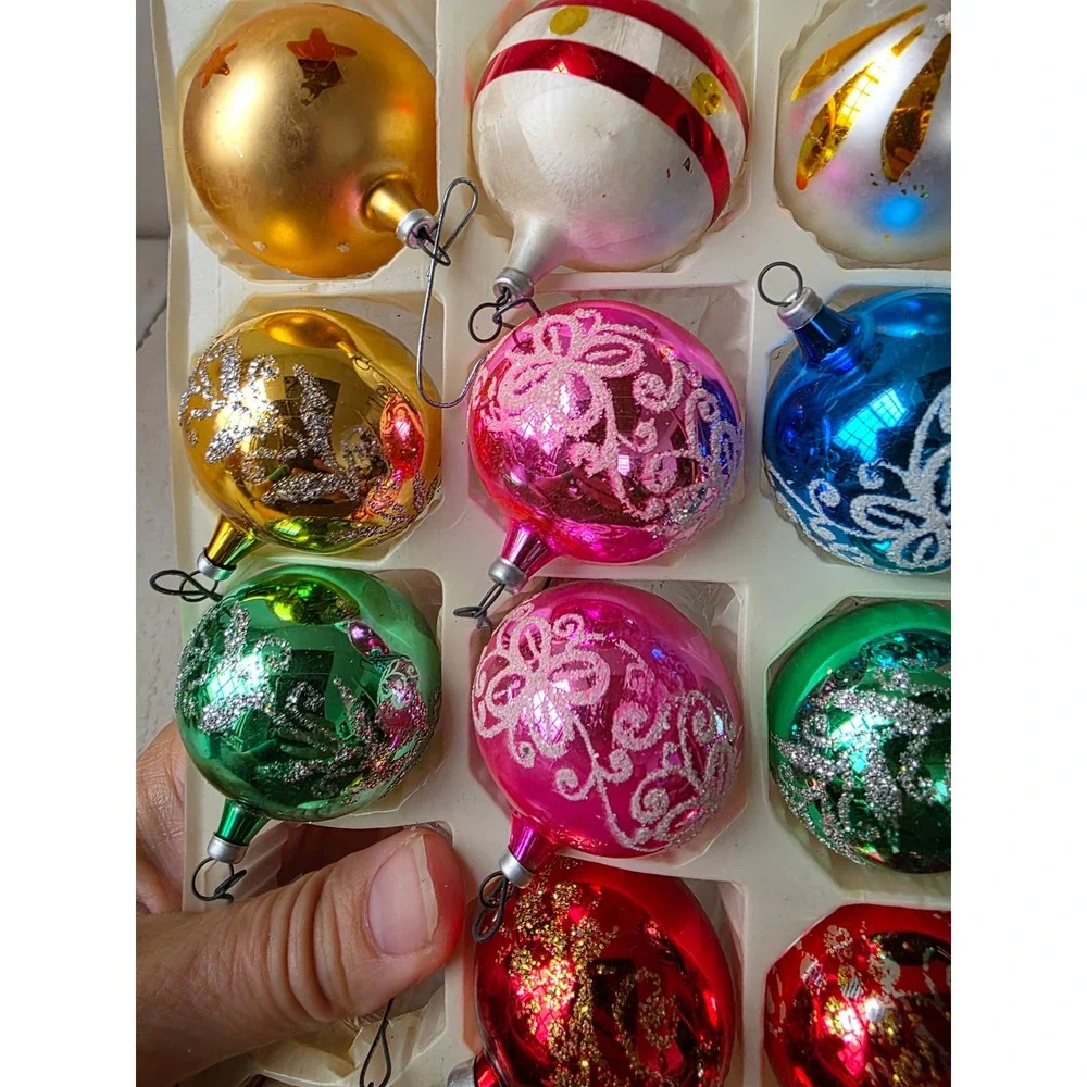 Vintage Columbia mini Mica glitter ball ornament set pink blue green red gold